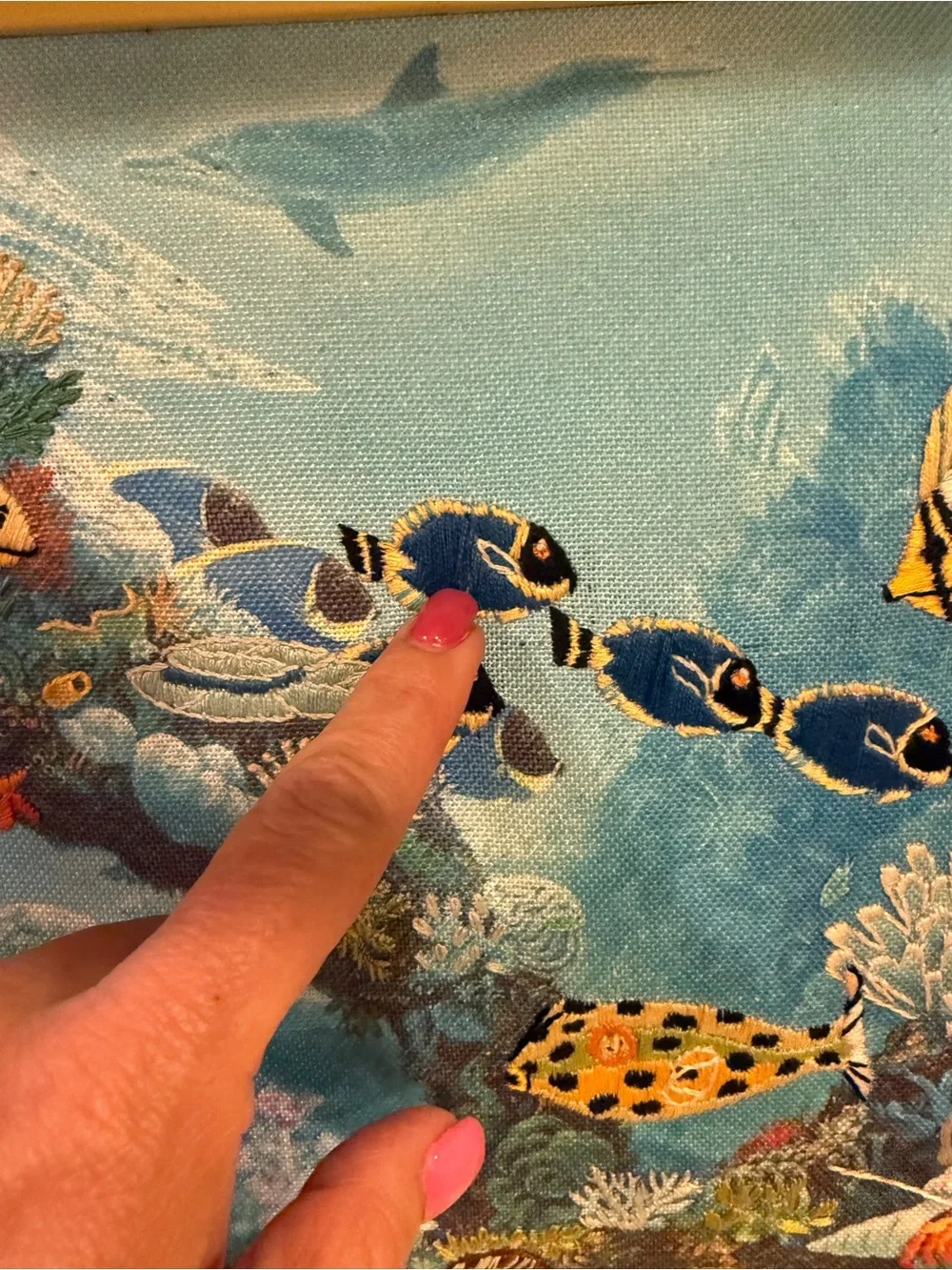 Unique Tropical Fish Reef Needle Point Embroidered Wall Art in Blue and Yellow